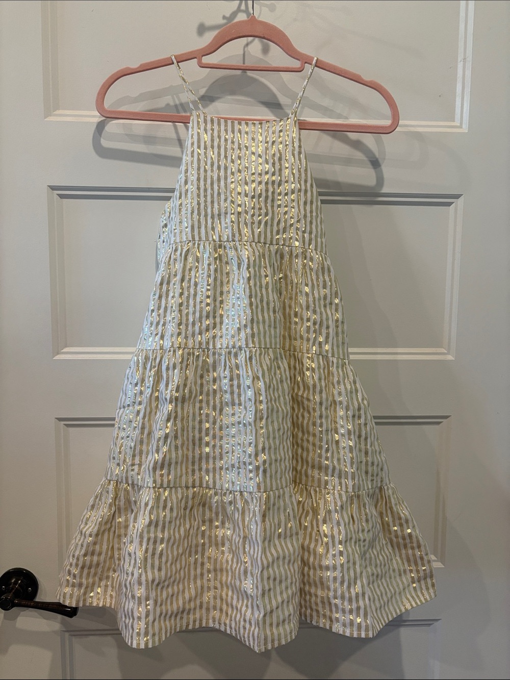 Girls' White Dress with Gold Metallic Stripes - Spaghetti Strap Tiered Dress